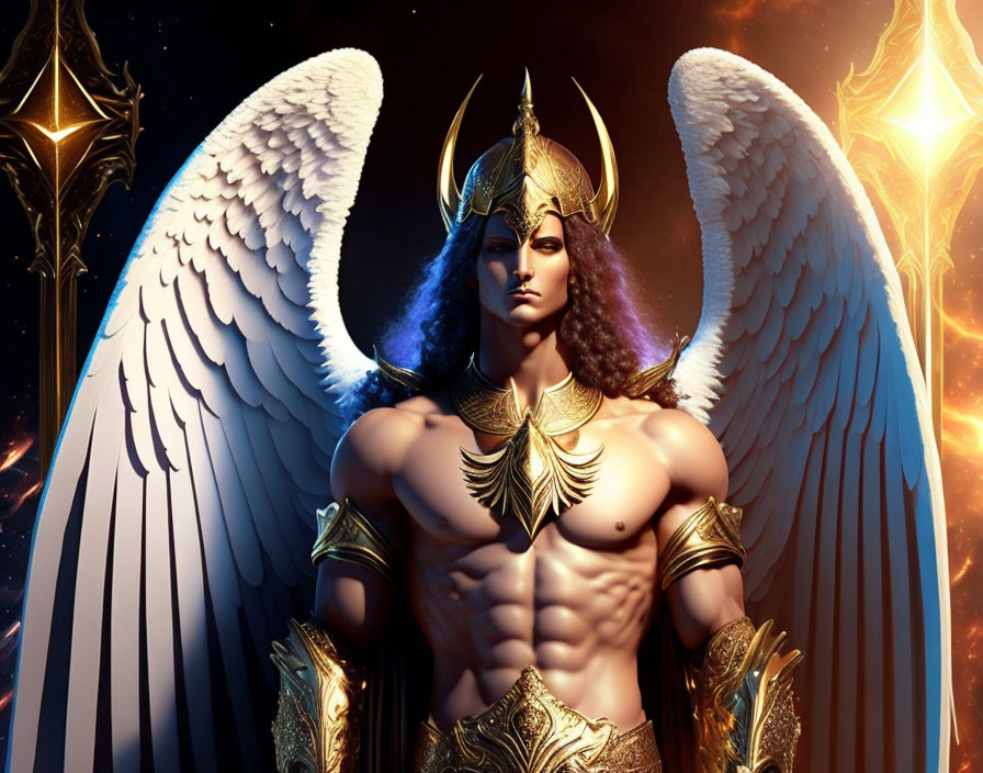 Angel with white wings and golden armor in cosmic scene