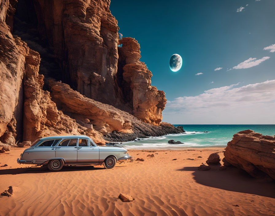 Classic car on desert beach with rocky cliffs and oversized moon in clear sky