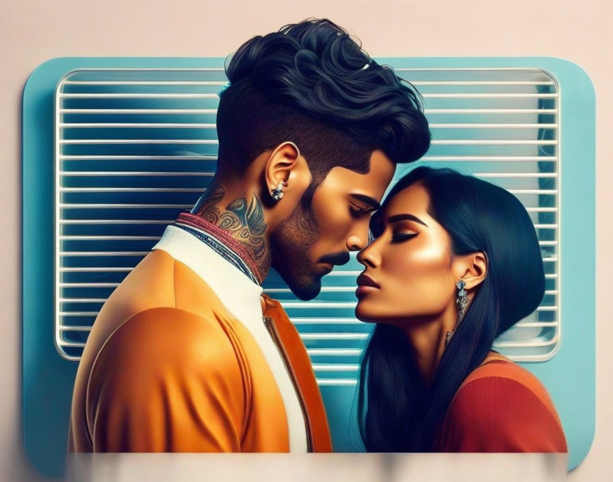 Stylish couple with modern hairstyles and tattoos in romantic pose against pastel background.