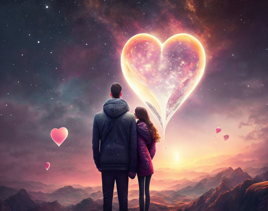 Couple admires heart-shaped nebula in vibrant starry sky above mountains