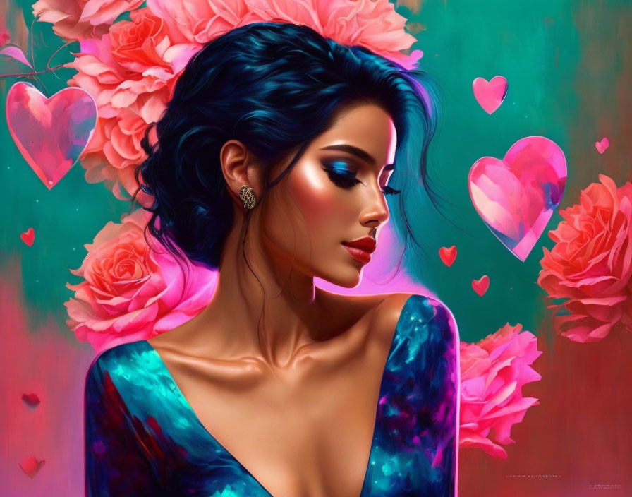 Dark-Haired Woman in Blue Dress Surrounded by Pink Flowers and Glowing Hearts on Teal Background