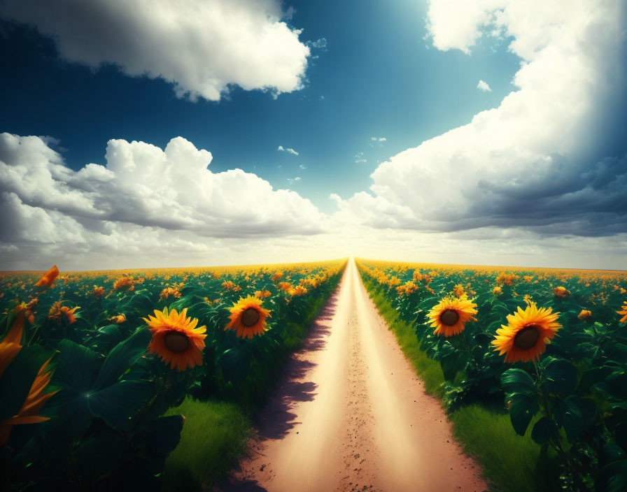 Sunflower Field Landscape with Dirt Path and Sky