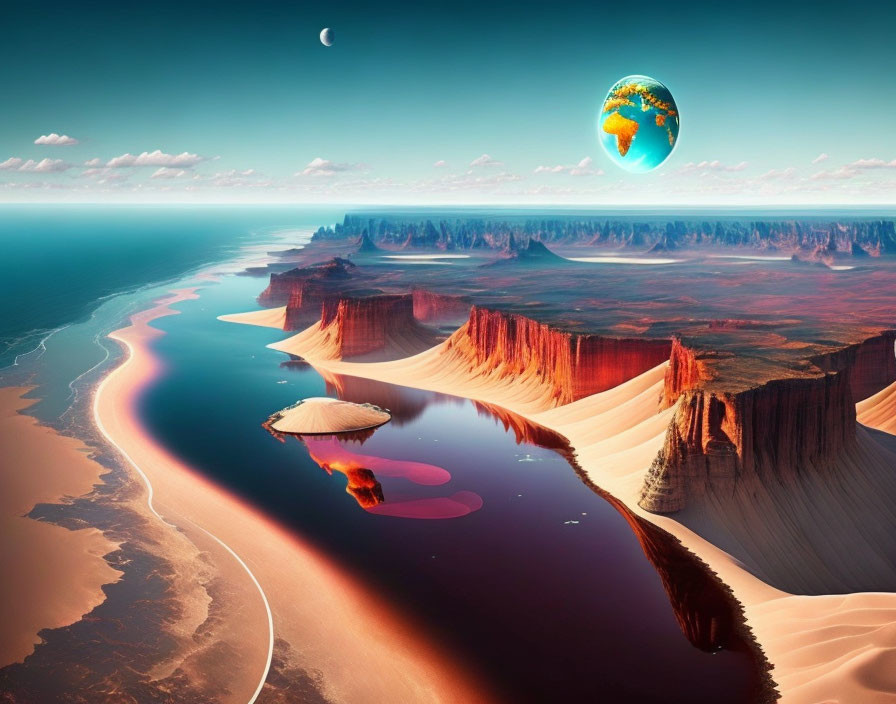 Red Cliffs, River, Desert, Island, Giant Earth and Moon in Surreal Landscape