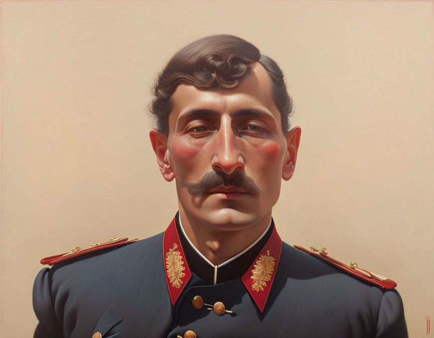 Portrait of a man with mustache in military uniform with red epaulettes on beige background