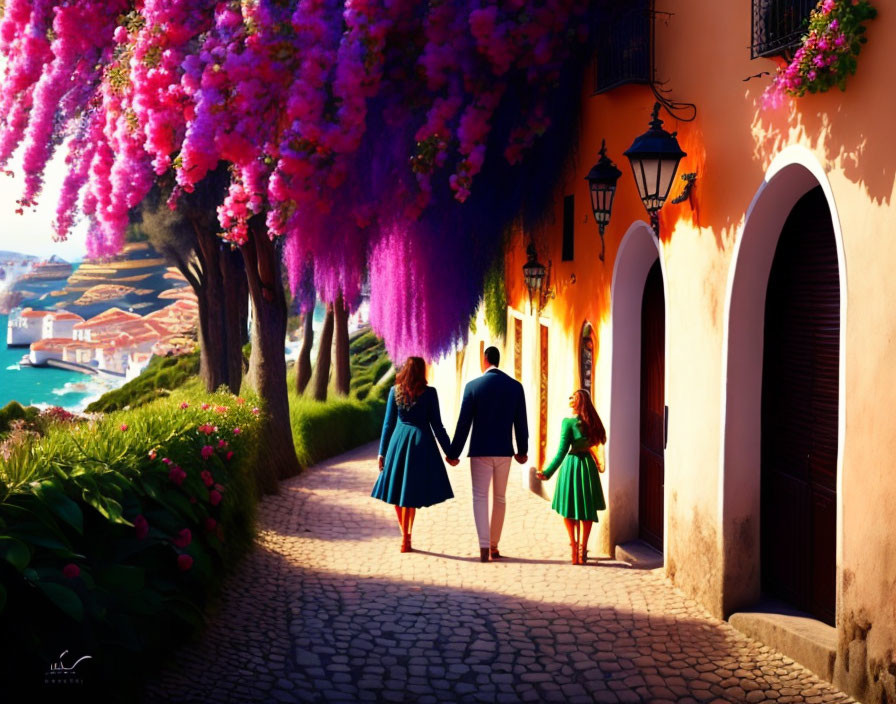 Family strolling on cobblestone street with purple flowers and coastal town view