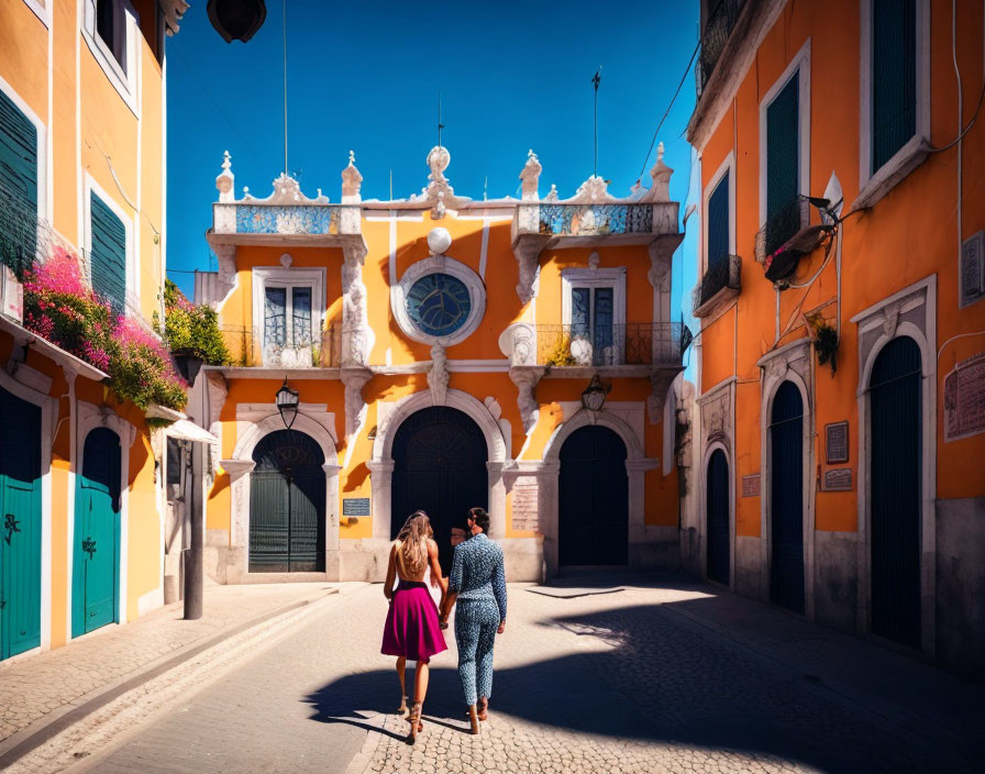 Couple walking towards yellow baroque building on cobblestone street