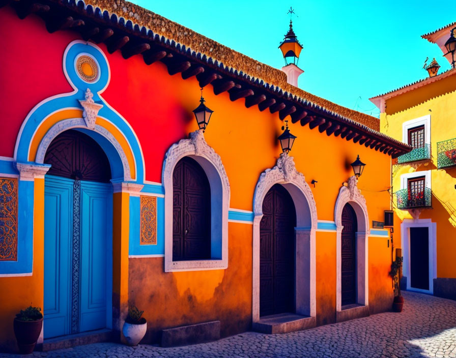 Traditional houses with orange walls and blue doors under clear blue sky