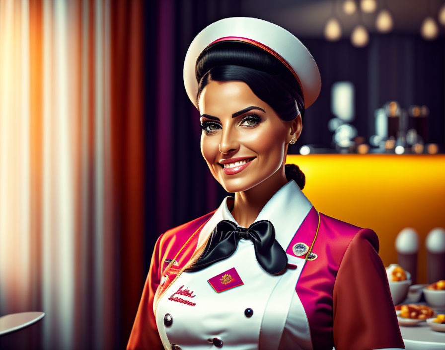 Retro-styled flight attendant in red uniform with white hat and smile