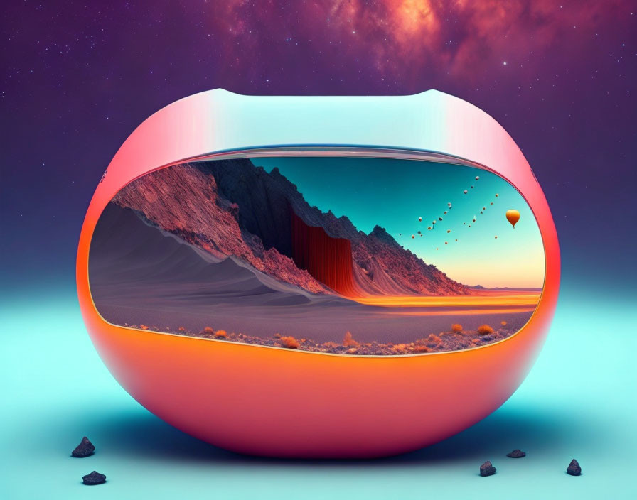 Surreal desert landscape in fishbowl with hot air balloons and sunset sky