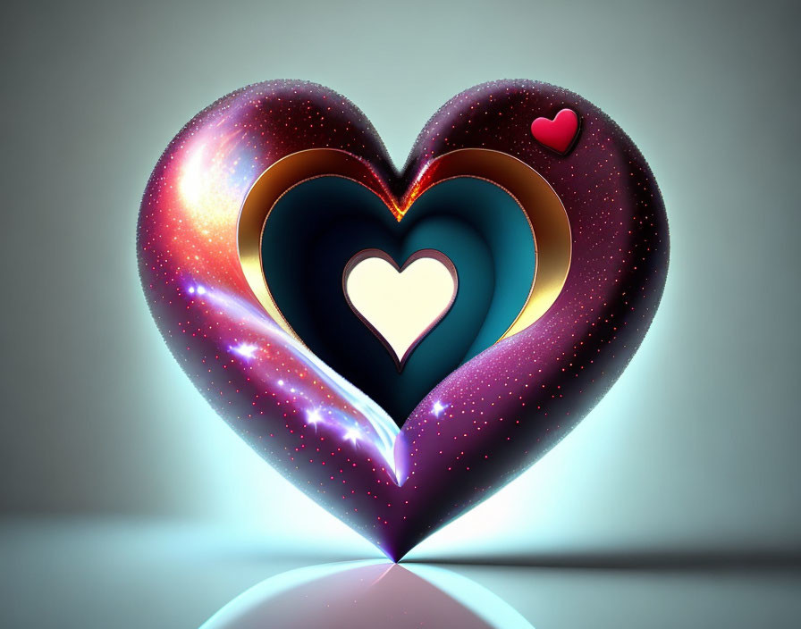 Nested hearts with cosmic starry texture in pink, blue, purple, and red heart.