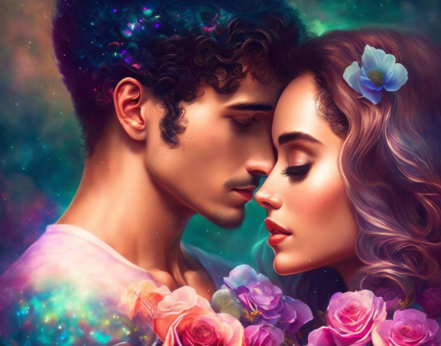 Romantic couple illustration with cosmic colors and roses