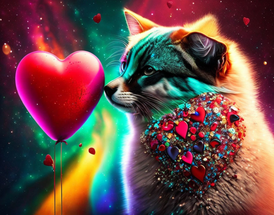 Colorful Cat Artwork with Heart-Shaped Accessories and Cosmic Background