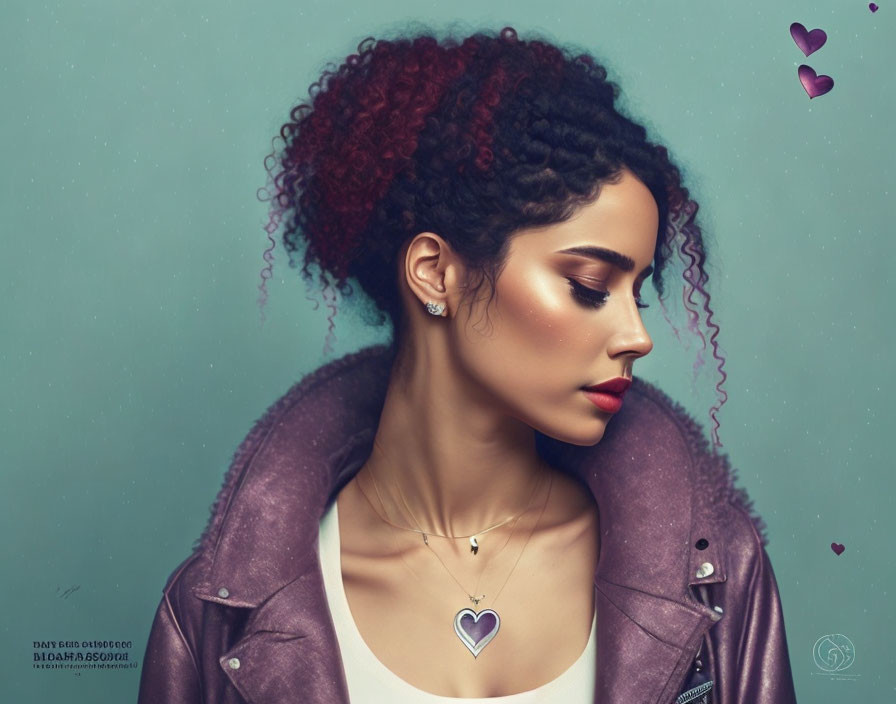 Digital artwork: Woman with red & black curly hair, purple leather jacket, heart necklace, surrounded by