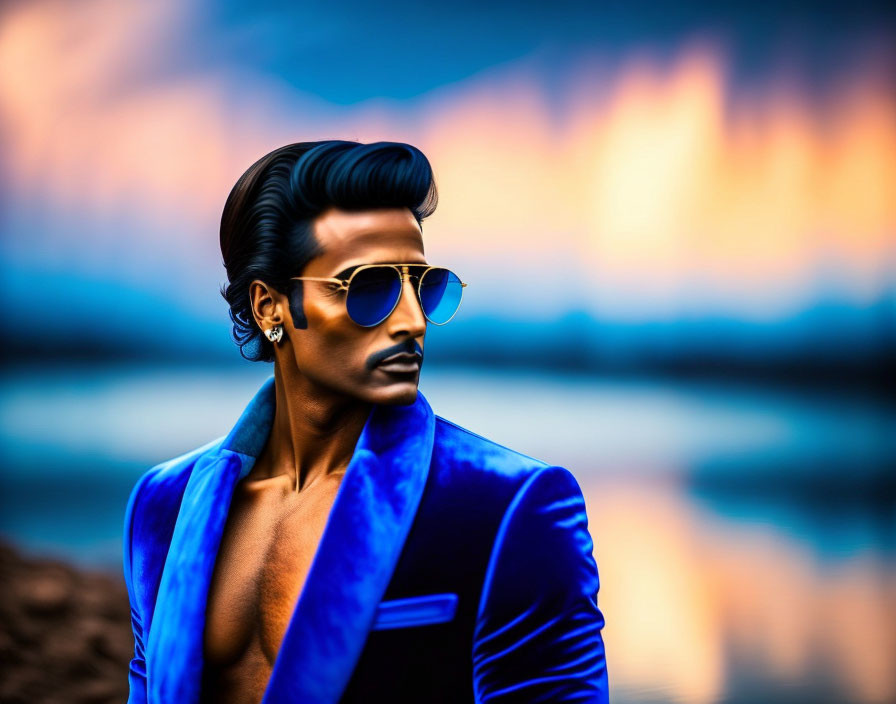 Stylized person with slicked-back hair in blue velvet jacket against vibrant sky