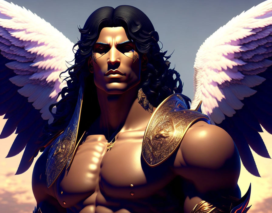 Male angel digital art: white wings, black hair, golden armor, serious expression, sunset sky