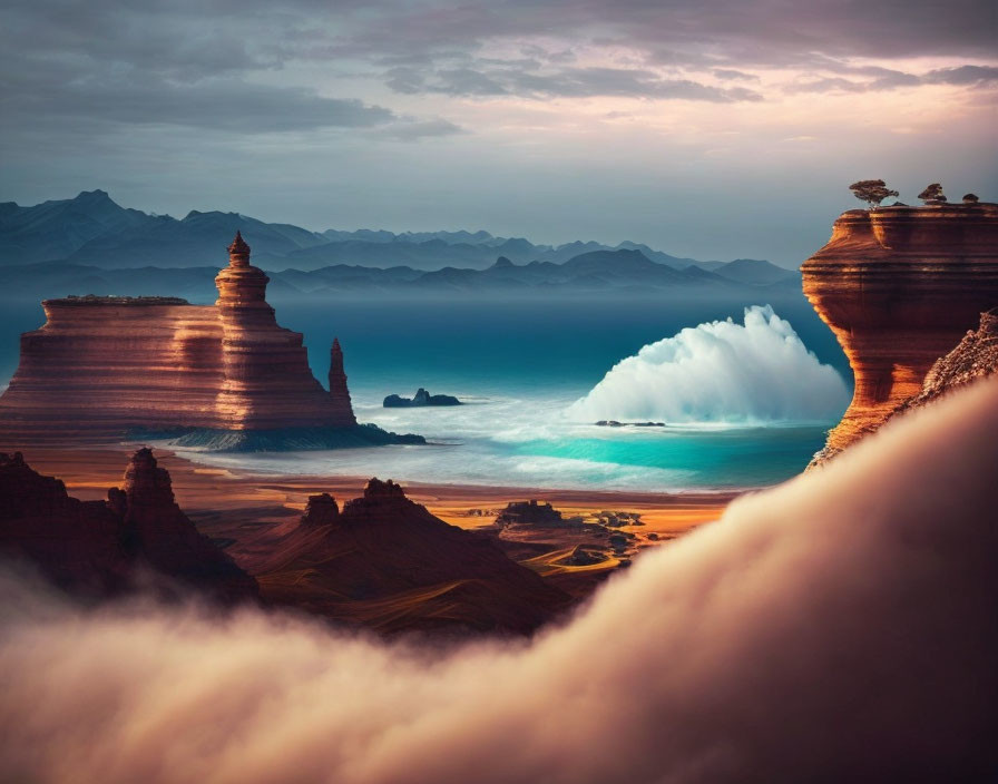 Layered Rock Formations and Crashing Wave in Coastal Landscape