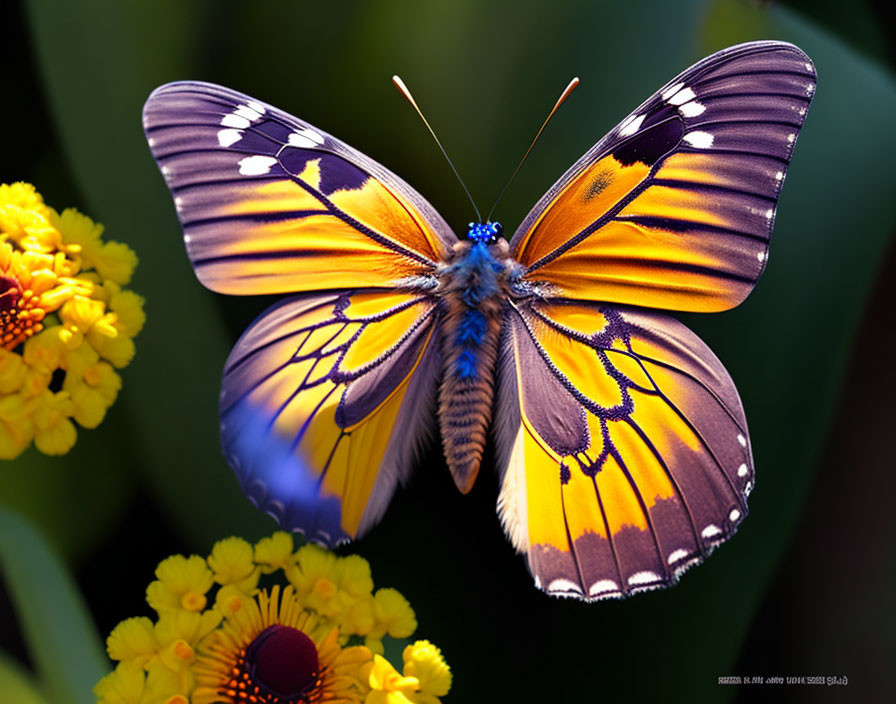 Yellow and Black Butterfly on Flowers with Blurred Green Background