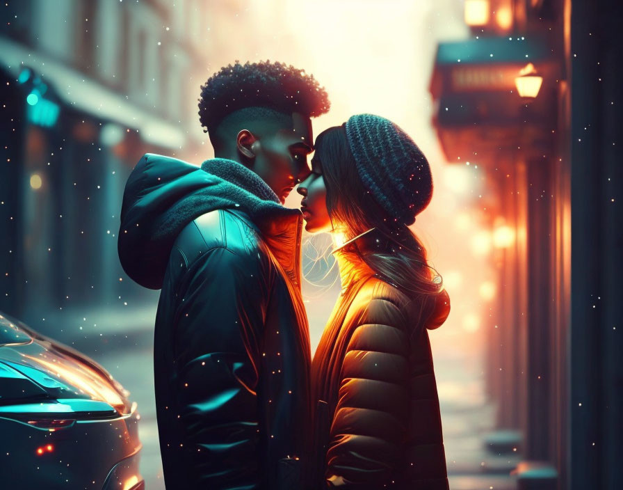 Couple's intimate moment on snowy street at dusk