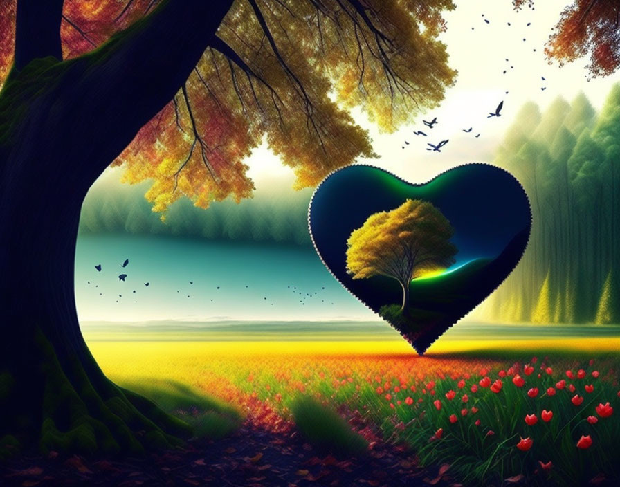 Colorful Heart-Shaped Portal Artwork with Serene Landscape