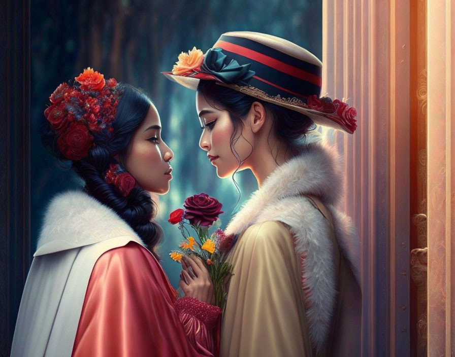 Two women in vintage attire with hat and flowers, sharing an intimate moment