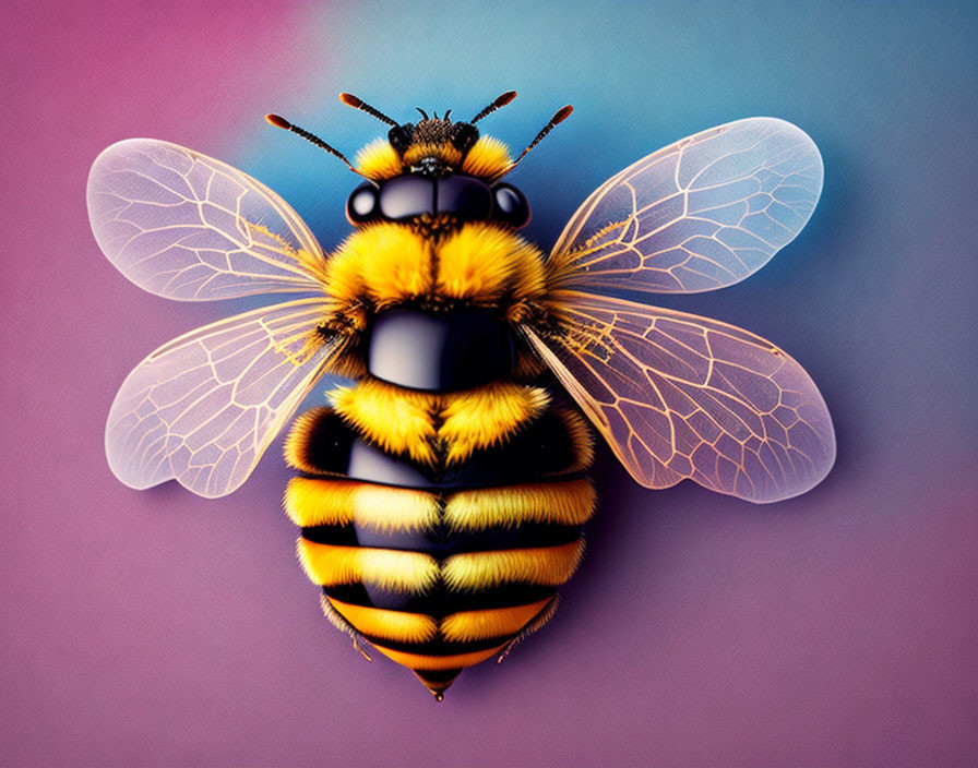 Detailed Bee Illustration with Translucent Wings on Pink and Purple Gradient Background