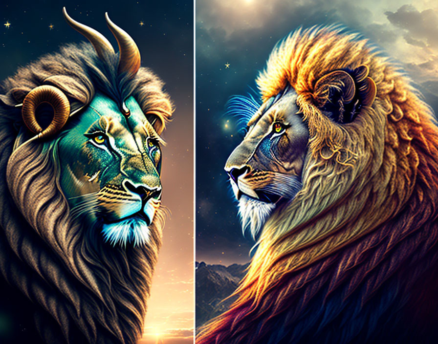 Fantasy lion art: starry mane vs. fiery gaze