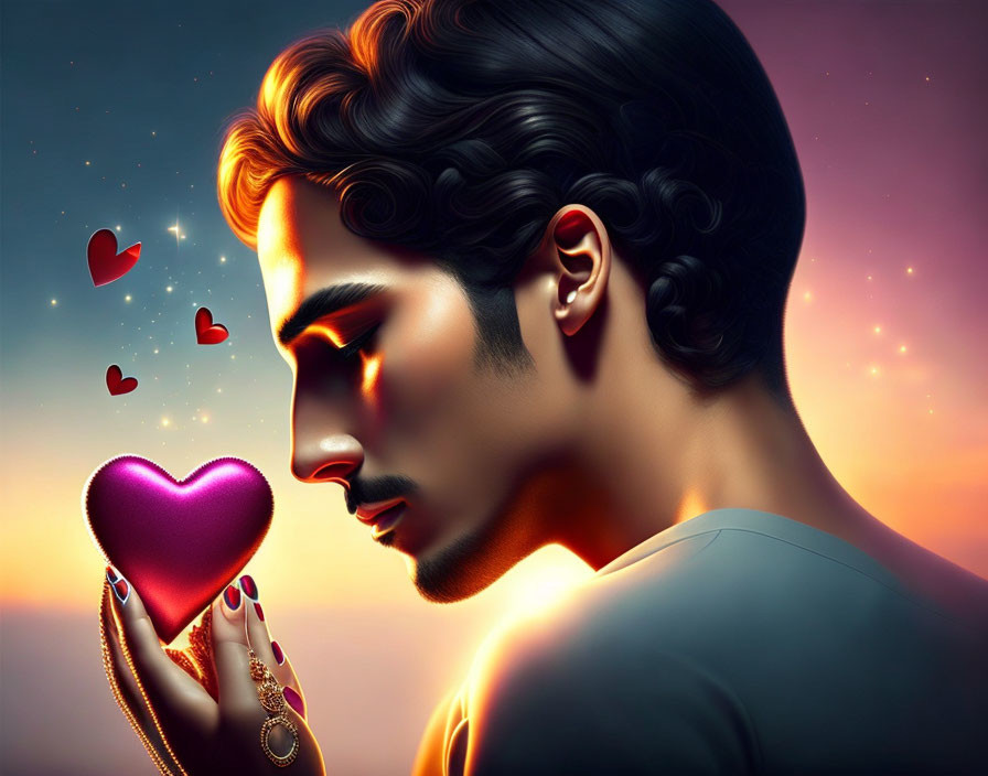 Digital artwork: Man with stylized hair gazing at heart in hand, warm glowing backdrop.