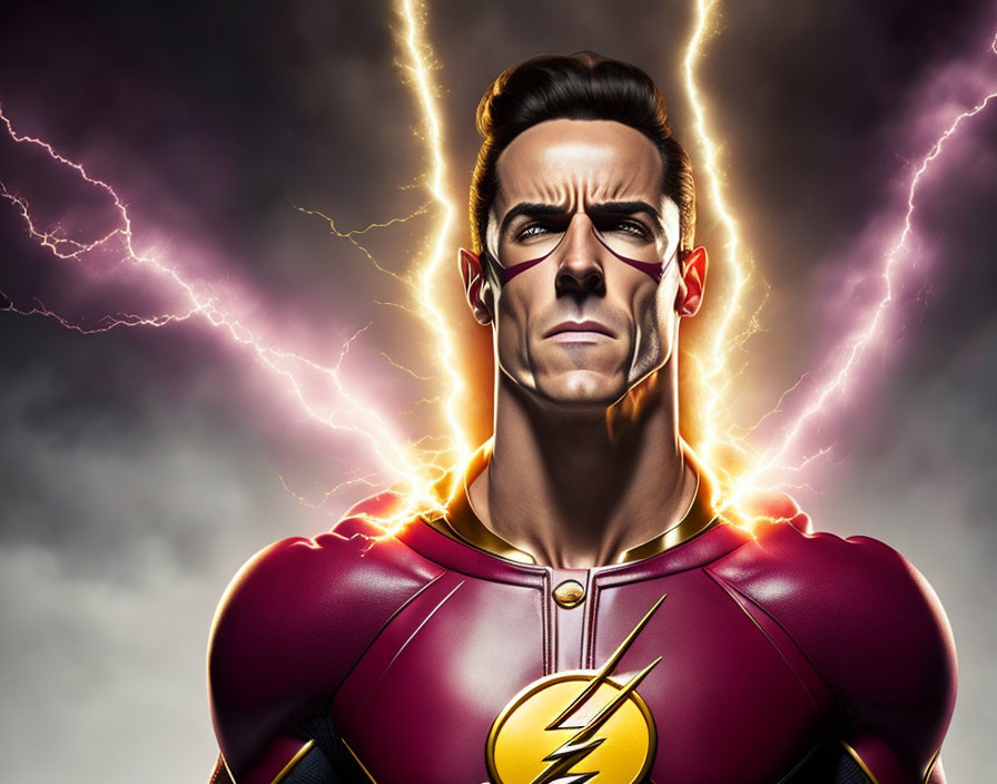 Superhero with lightning bolt emblem in electric storm.