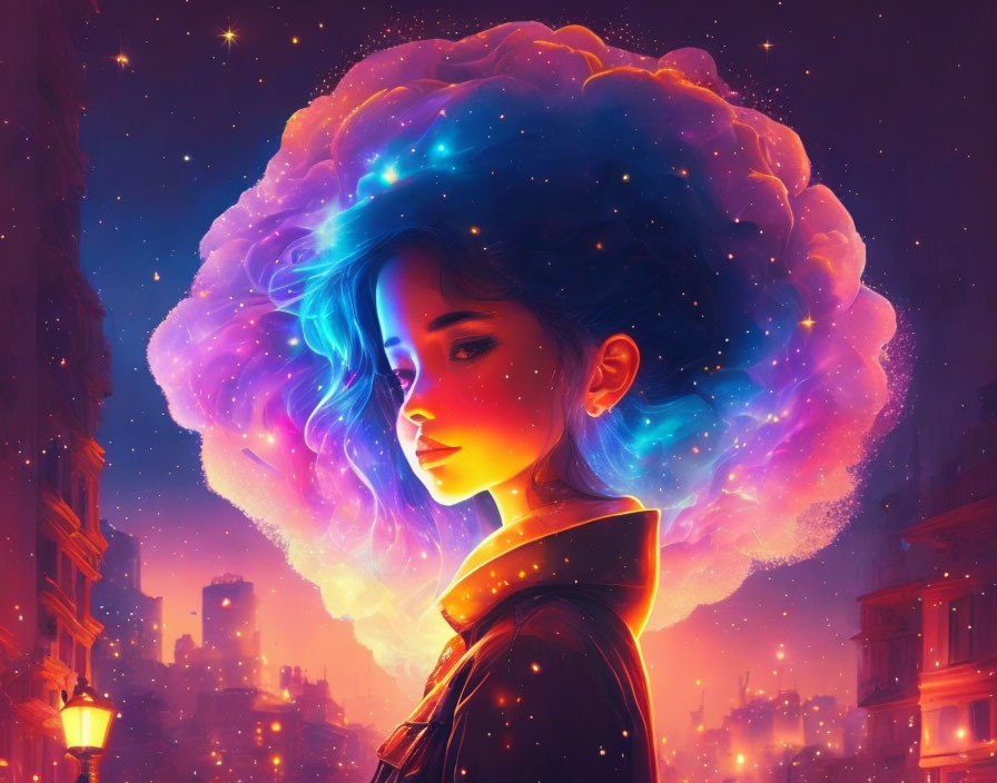 Cosmic star-filled hair nebula woman in city street at dusk