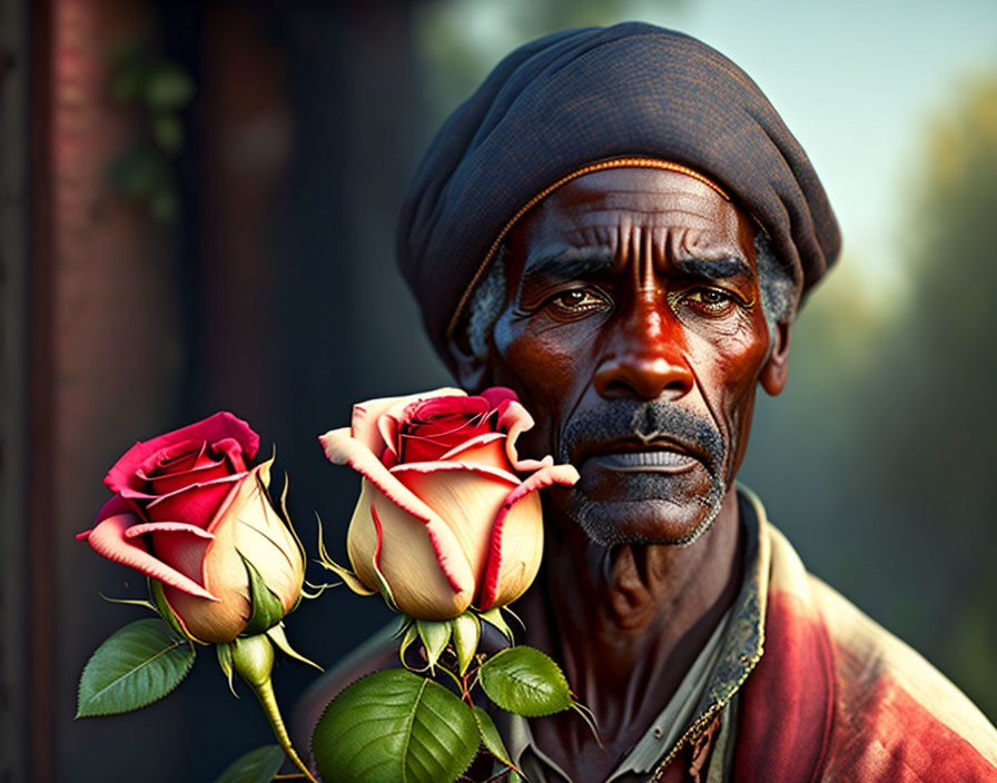 Elderly man in beanie with weathered expression holding pink roses