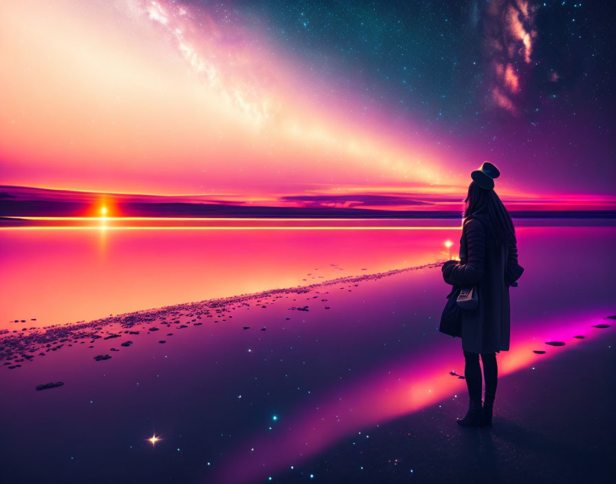 Person by serene magenta shoreline under starry dusk sky