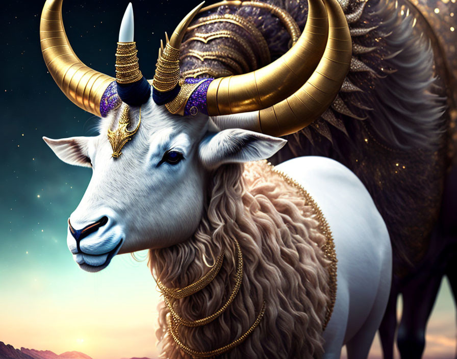 Mythical white goat with golden horns under starry night sky