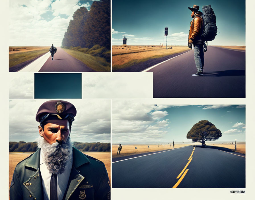 Surreal collage: traveler with backpack, bearded man, tree on highway