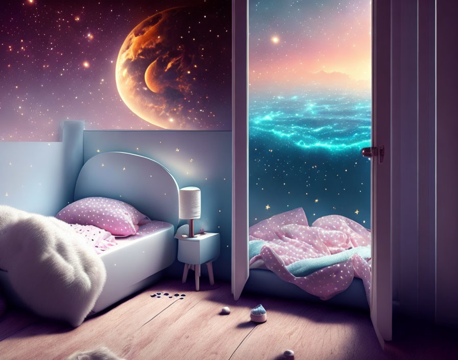 Whimsical bedroom with cosmic scene featuring large planet and starry sky