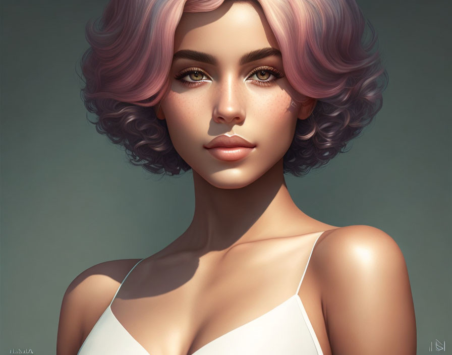 Digital artwork of woman with curly pink hair, tan skin, freckles, brown eyes, white