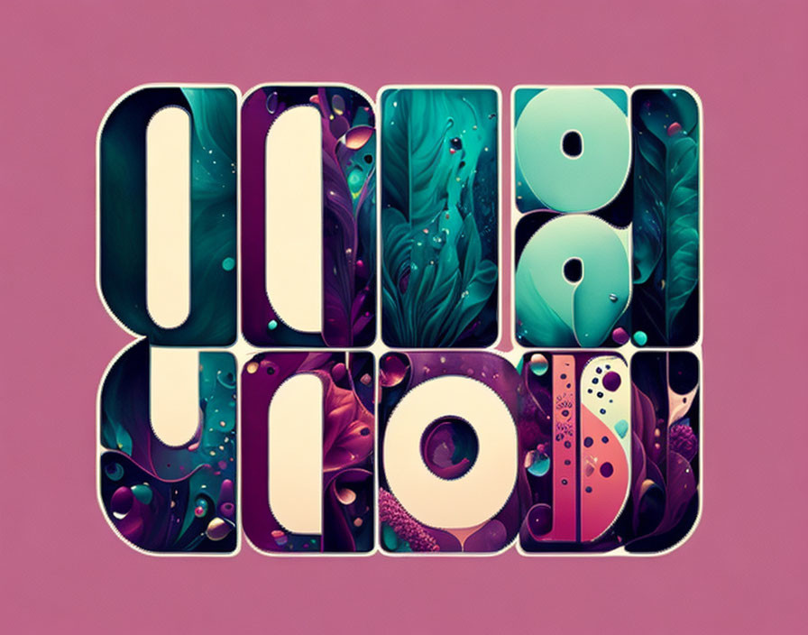 Colorful "VIDEO" word art with whimsical plants and bubbles on pink background