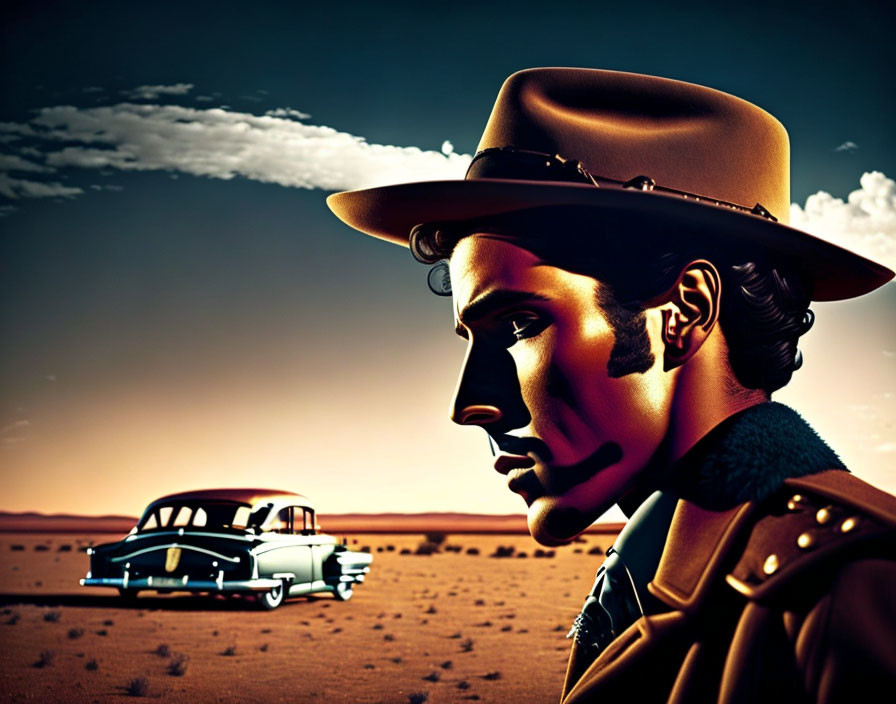 Stylized man in cowboy hat profile illustration with desert backdrop.