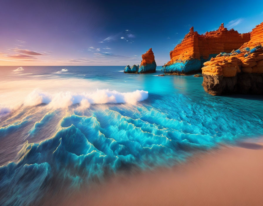 Luminous blue waves crashing against red-orange cliffs in vivid seascape