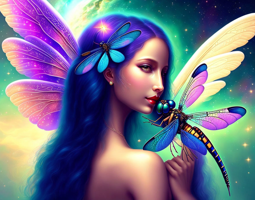 Colorful fairy with dragonfly wings in celestial setting