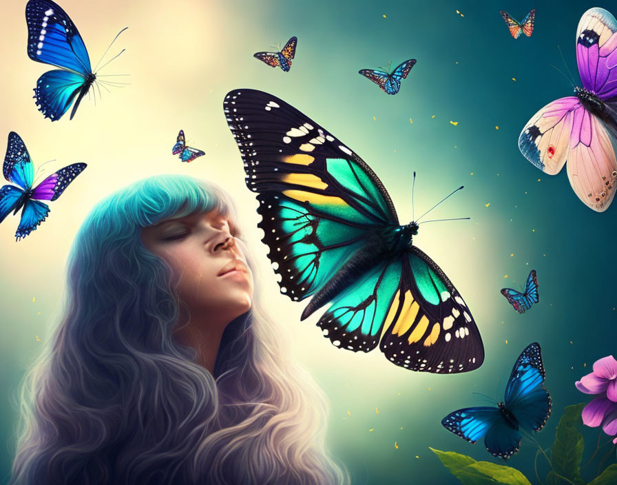 Blue-haired woman with butterflies on teal background