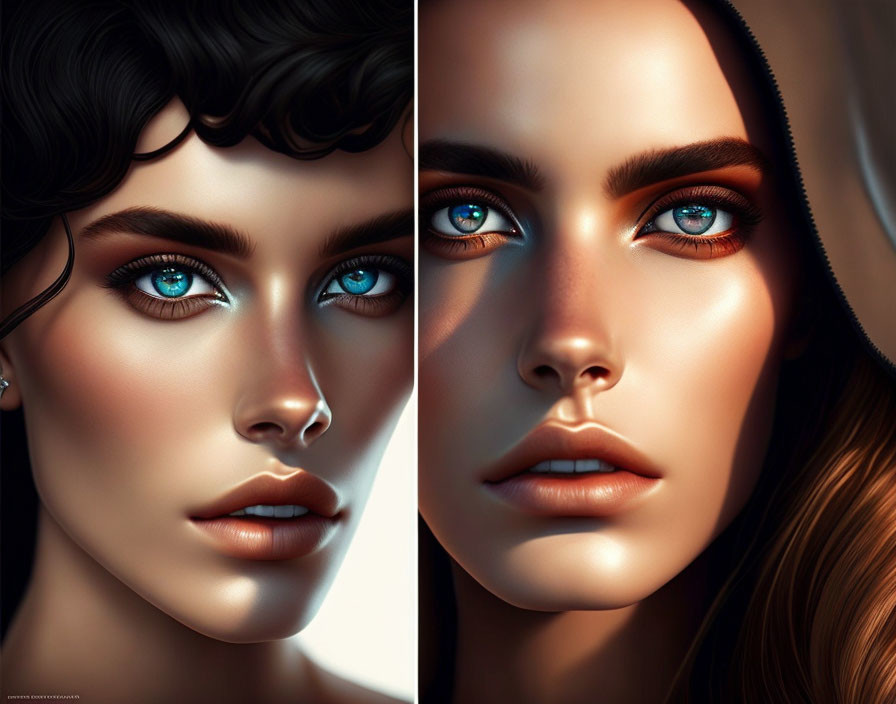 Two women with striking blue eyes in digital artwork.