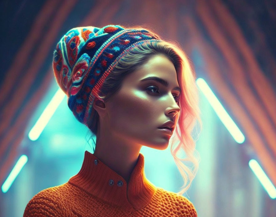 Woman in patterned beanie and orange sweater against neon-lit geometrical backdrop