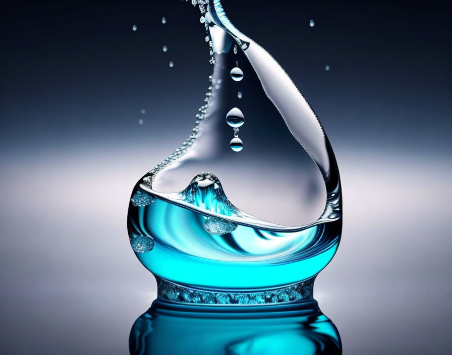 High-speed photo: Water droplet splash with suspended droplets on blue gradient.