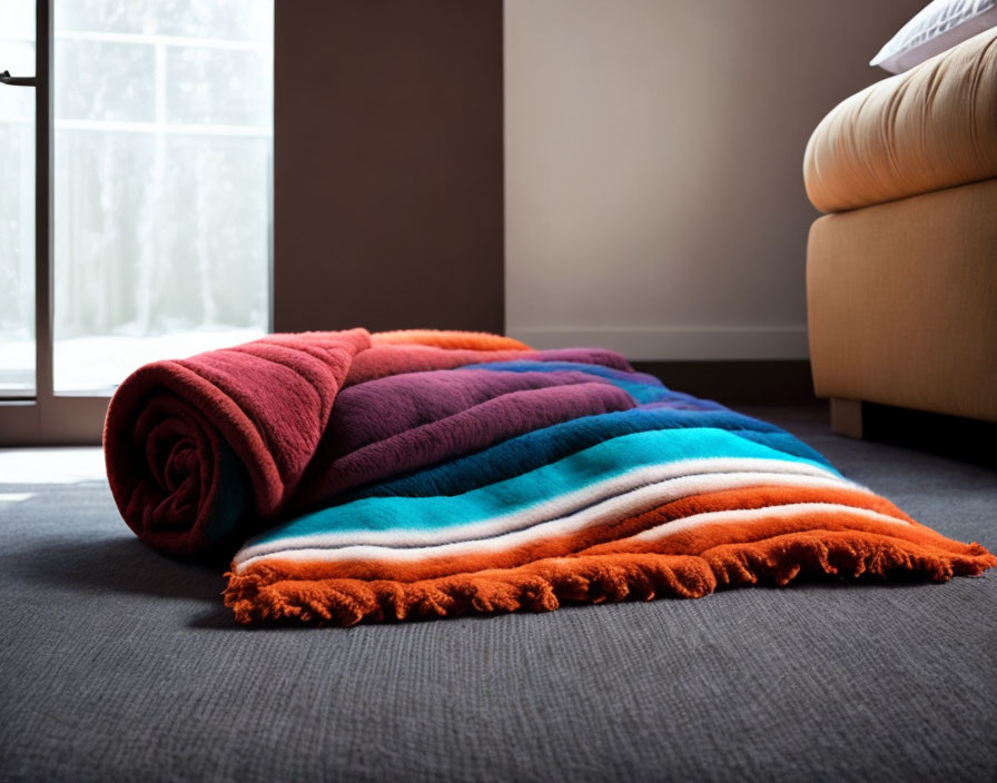 Colorful Rolled-Up Rug Contrasting with Neutral-Toned Room