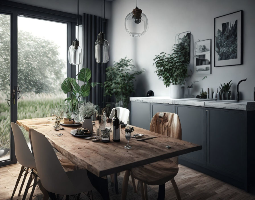 Modern Kitchen with Wooden Dining Table, White Chairs, Pendant Lights, and Plants by Window