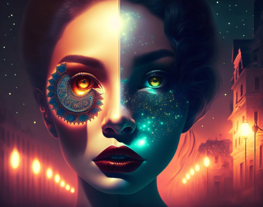 Surreal portrait: Woman with galaxy and human features, mechanical eye