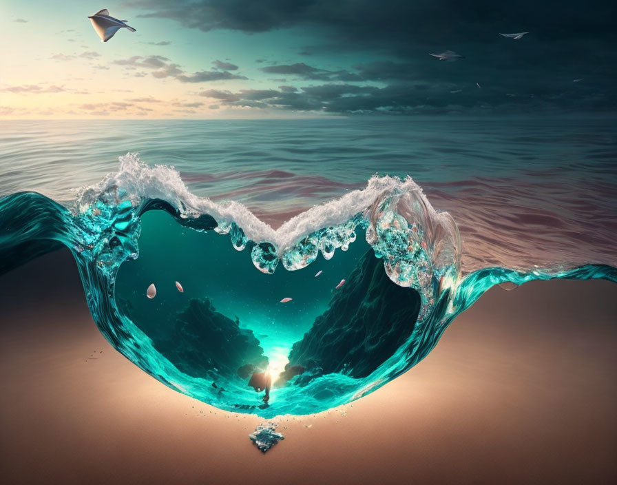 Ocean wave over heart-shaped void with underwater view and paper airplanes.