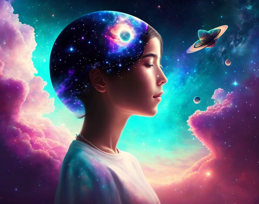 Digital artwork: Woman's profile merges with cosmic scene, featuring galaxies, planets, and spacecraft.