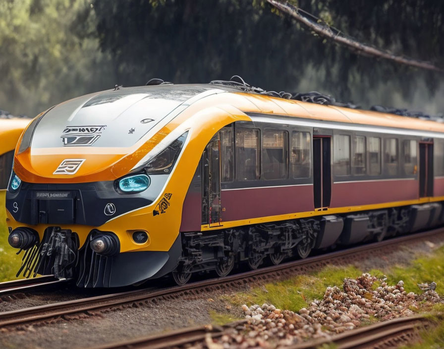 Yellow and Gray Modern Passenger Train on Tracks Surrounded by Greenery