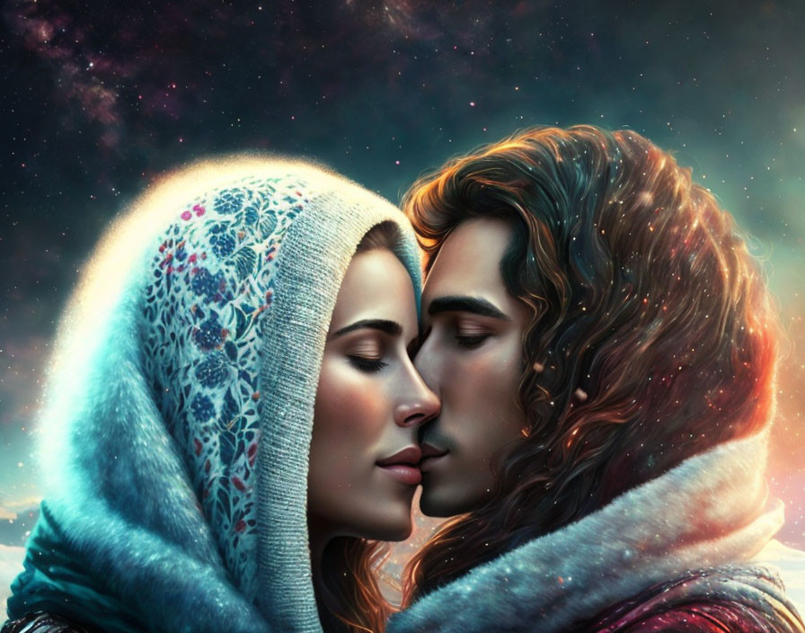 Digital illustration: Man and woman with foreheads touching under starry sky, wrapped in scarves